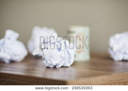 Great Idea Concept. Crumpled Colorful Paper On Wooden Table