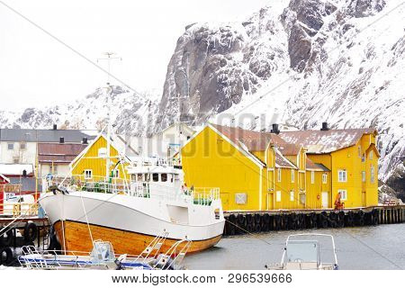 Nussfjord village, Lofoten Islands. Norway`s historic fishing village on the water, Europe
