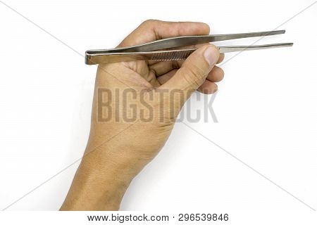 A Male Hand Holding Tweezers, Medical Pinsetter, Man Hand  Isolated On White Background