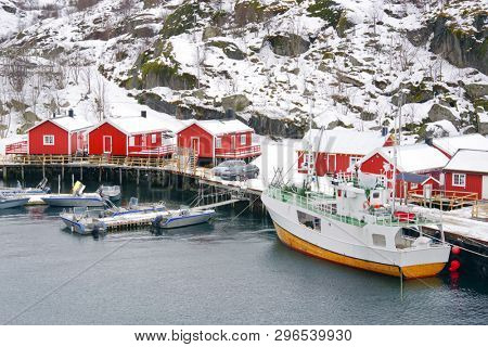 Nussfjord village, Lofoten Islands. Norway`s historic fishing village on the water, Europe