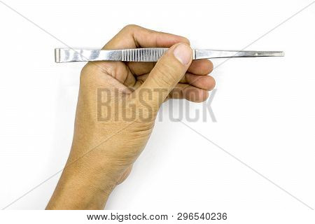 A Male Hand Holding Tweezers, Medical Pinsetter, Man Hand  Isolated On White Background