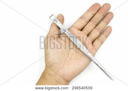 A Male Hand Holding Tweezers, Medical Pinsetter, Man Hand  Isolated On White Background