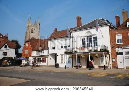 TENTERDEN, ENGLAND - APRIL 17, 2019: The historic Town Hall in the Kent town of Tenterden. The High Street building dates from 1790.