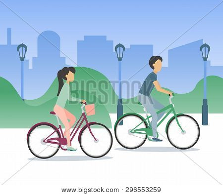 Couple Woman And Man Riding Bikes Through The Park, City Silhouette On Background.  Vector Illustrat