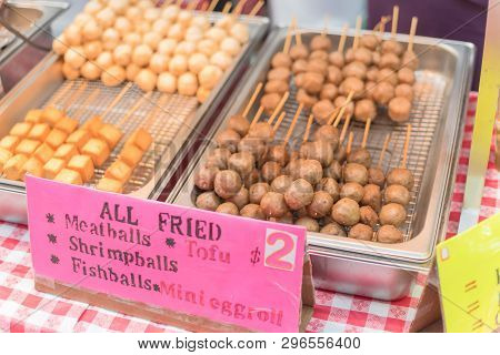 Skewers Of Fried Meatballs, Shrimp Balls, Fish Balls