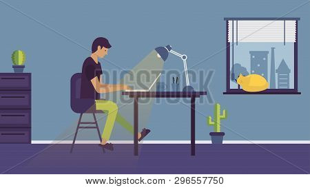 Man Sitting At The Table And Working On A Laptop At Home In The Room. Home Study. Flat Vector Illust