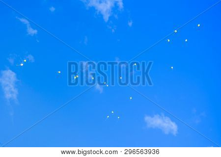 A Large Number Of Colorful Helium Balloons In Flight Against The Blue Sky, Birthday Greetings.