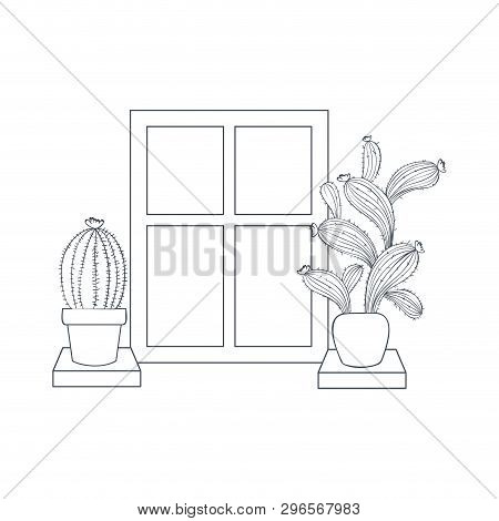 Cactus With  Potted On Shelf Isolated Icon Vector Illustration Design