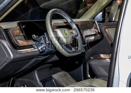 NEW YORK, NY, USA - APRIL 17, 2019: Rivian R1T Pickup truck is an all electric vehicle shown at the New York International Auto Show 2019, at the Jacob Javits Center. Press Preview Day One of NYIAS