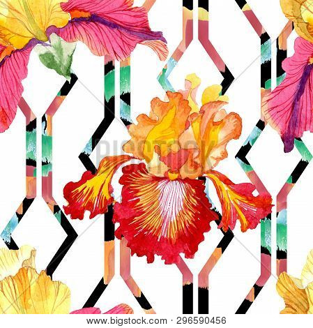Red Bold Encounter Iris Floral Botanical Flowers. Watercolor Background Illustration Set. Seamless B