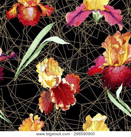 Red Bold Encounter Iris Floral Botanical Flowers. Watercolor Background Illustration Set. Seamless B