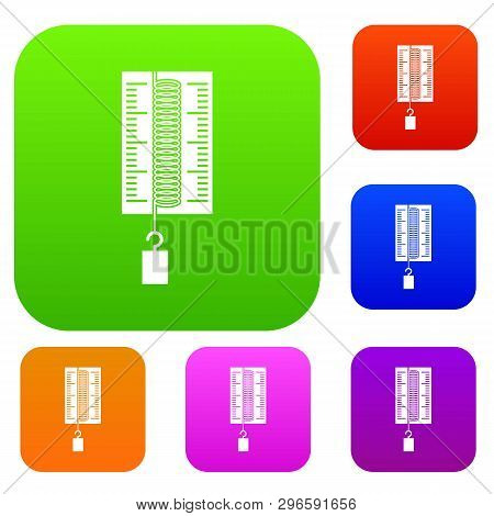 Physics Dynamometer For Laboratory Work Set Icon Color In Flat Style Isolated On White. Collection S