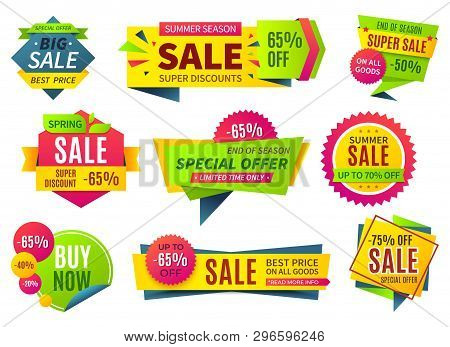 Sale Banners. Price Stickers Collection, Ribbons Square And Round Shape Badges And Labels, Discount 