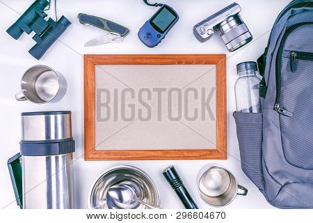 Equipment For Hiking, For Trekking With Frame. Top Vire. Traveler Tourism Concept.
