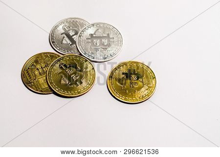 Crypto Currency Golden And White Bitcoin Isolated On White Background.