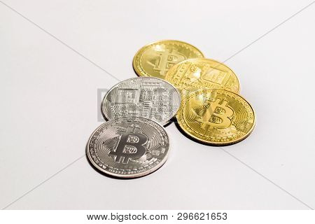 Crypto Currency Golden And White Bitcoin Isolated On White Background.