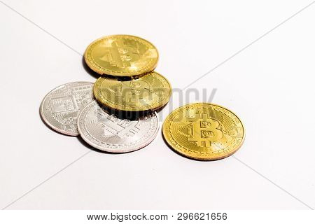 Crypto Currency Golden And White Bitcoin Isolated On White Background.