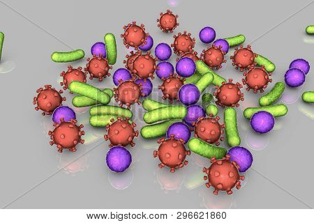 Bacteria And Viruses On Surface, Model Of Mers, Hiv, Influenza Virus, Staphylococcus Aureus And Othe