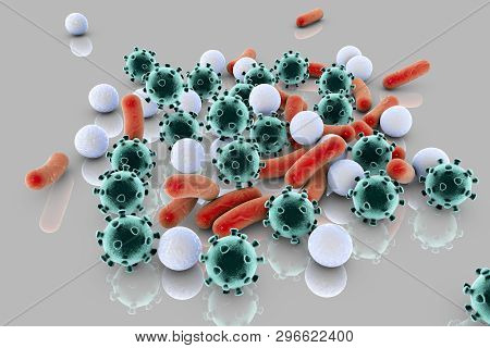 Bacteria And Viruses On Surface, Model Of Mers, Hiv, Influenza Virus, Staphylococcus Aureus And Othe