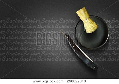 Barber Razor And Shaving Brush On A Dark Background. Professions. Barber Shop Concept.