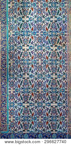 Cairo, Egypt - August 26, 2018: Ottoman Style Glazed Ceramic Tiles Decorated With Floral Ornamentati