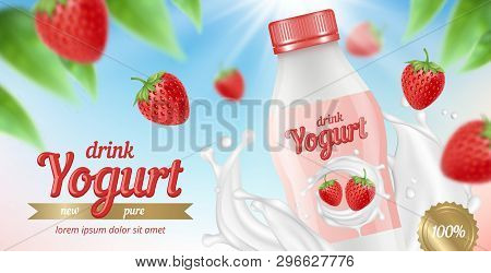 Yogurt Advertizing. Placard With Package Of Fruit Yogurt Milk And Cream Splashes Healthy Food Desser