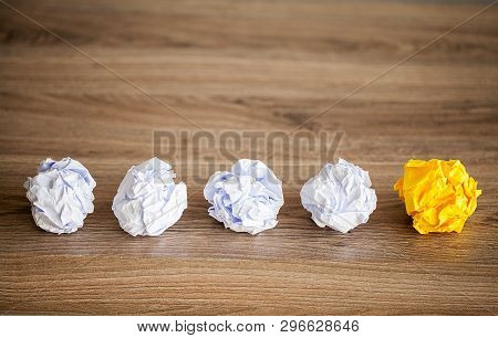 Great Idea Concept. Crumpled Colorful Paper On Wooden Table. Copy Space
