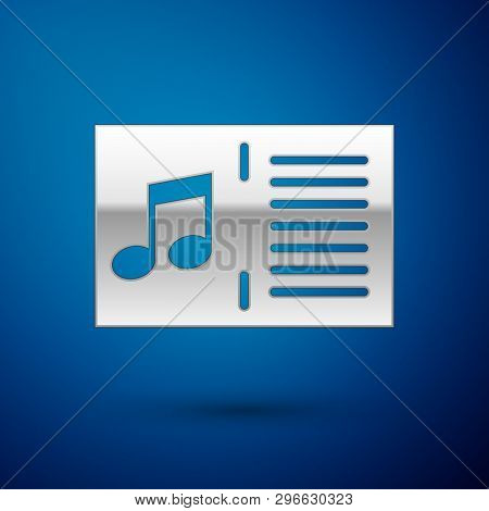 Silver Music Book With Note Icon Isolated On Blue Background. Music Sheet With Note Stave. Notebook 