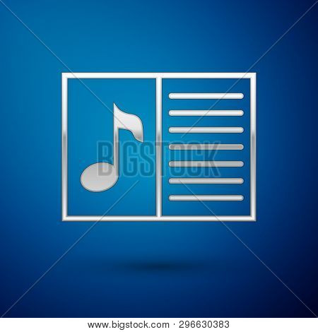 Silver Music Book With Note Icon Isolated On Blue Background. Music Sheet With Note Stave. Notebook 