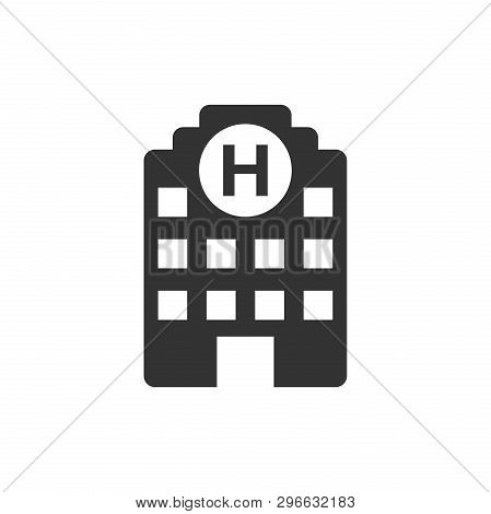 Hospital Building Icon In Flat Style. Infirmary Vector Illustration On White Isolated Background. Me