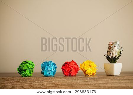 Great Idea Concept. Crumpled Colorful Paper On Wooden Table. Copy Space