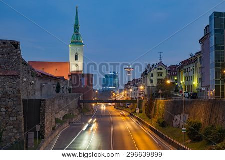 Bratislava, Slovakia - October 07,2018: Night View Of The St. Martin Cathedral (13th-century Gothic,