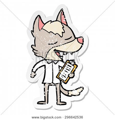 distressed sticker of a cartoon saleman wolf laughing