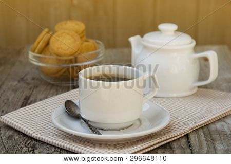 Cup Of Coffee With Sweet Cookies, Ginger Bread. Abstract Breakfast Image. Rustick Wooden Background.