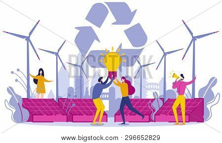 Flat Green Energy And Secondary Raw Materials. Man And Woman Hold Big Incandescent Lamp. Man Speaks 