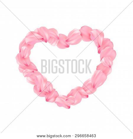 Pink Sakura Heart Petals Vector Background. 3d Romantic Illustration. Isolated Heart In Sakura Penta