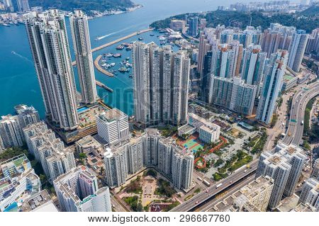 Shau Kei Wan, Hong Kong, 19 March 2019: Aerial view of Hong Kong downtown city