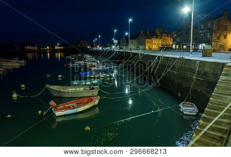 Barfleur, France - August 29, 2018: Night View Of The Port Of Barfleur. This Is One Of The Most Beau