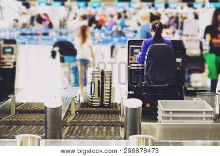 Blurred Airport Check In Desk Counter Gate With Weighting Luggage Belt