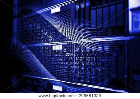 Rack Mounted System Storage Blade Servers With Binary Code Motion 3d Rendering