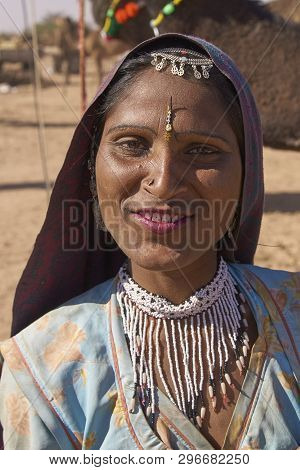 Nagaur, Rajasthan, India - February 13, 2008: Tribal Lady At The Annual Livestock Fair In Nagaur, Ra