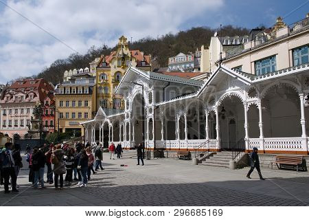 Karlovy Vary, Czech Republic - April 11, 2019: Trzna  Kolonada Colonnade In Centre Of Spring City