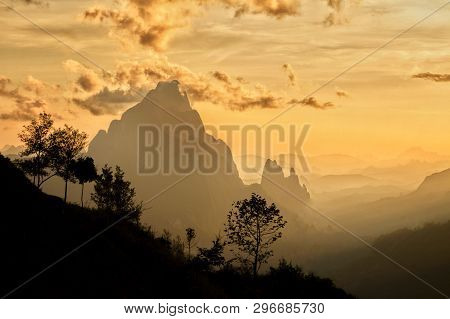 Phou Khoun Dramatic Sky. Sun Ray Shining Over Mountain. View Point On Laos Luang Prabang Sky Road.