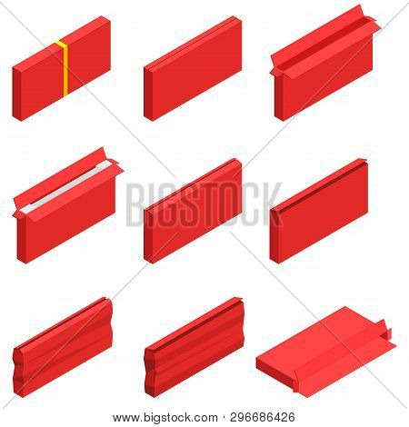 Isometric Set Of Red Cardboard Box Isolated With Yellow Ribbon On White Background. Isoleted Vector 