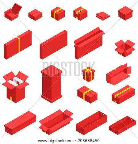Isometric Set Of Red Cardboard Box Isolated With Yellow Ribbon On White Background. Isoleted Vector 