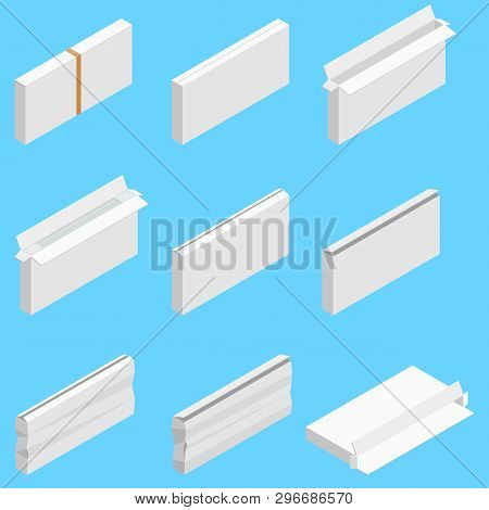 Isometric Set Of White Cardboard Box Isolated On Cian Background. Isoleted Vector Illustration. Open