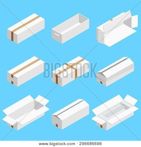 Isometric Set Of White Cardboard Box Isolated On Cian Background. Isoleted Vector Illustration. Open