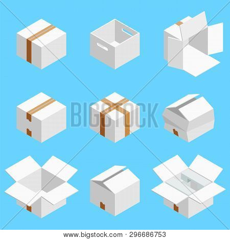 Isometric Set Of White Cardboard Box Isolated On Cian Background. Isoleted Vector Illustration. Open