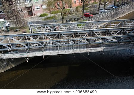 Karlovy Vary, Czech Republic - April 11, 2019: Train Bridge In Centre Of City During Reconstruction