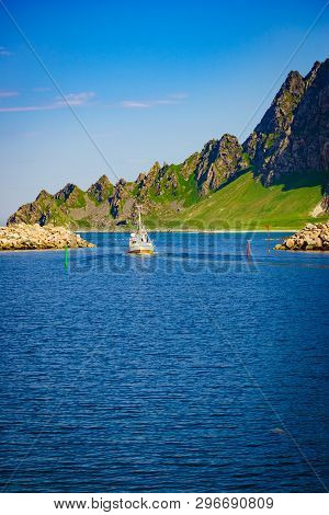Seascape With Fishing Boat And Stone Breakwater, Bleik Village, Andoya Island, Vesteralen Archipelag